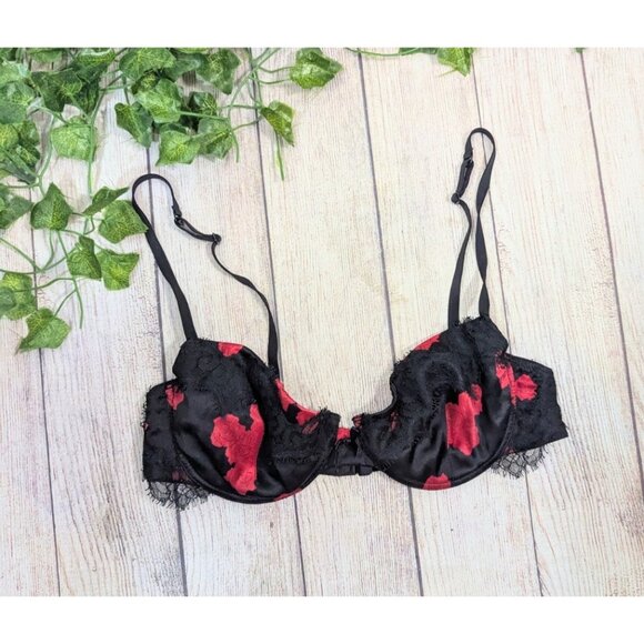 COSABELLA Women's Silk Blend Bra Floral Lace Trim ROSES RED BLACK  Size 34b - Picture 1 of 9